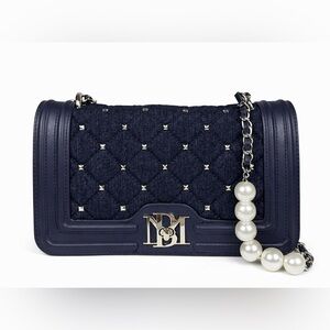 Badgley Mischka Navy Quilted Denim Studded Crossbody Bag w/ Pearl Chain – NWT